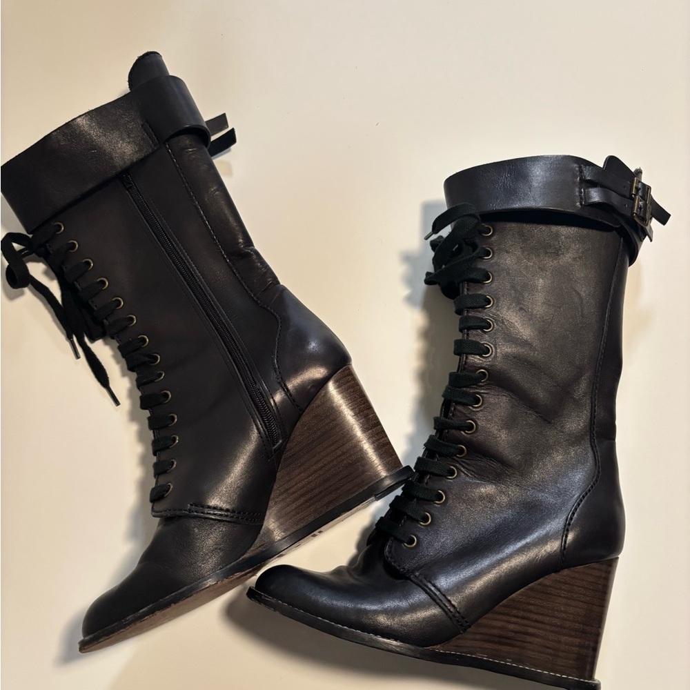 See By Chloe Black Leather Wedge Boots